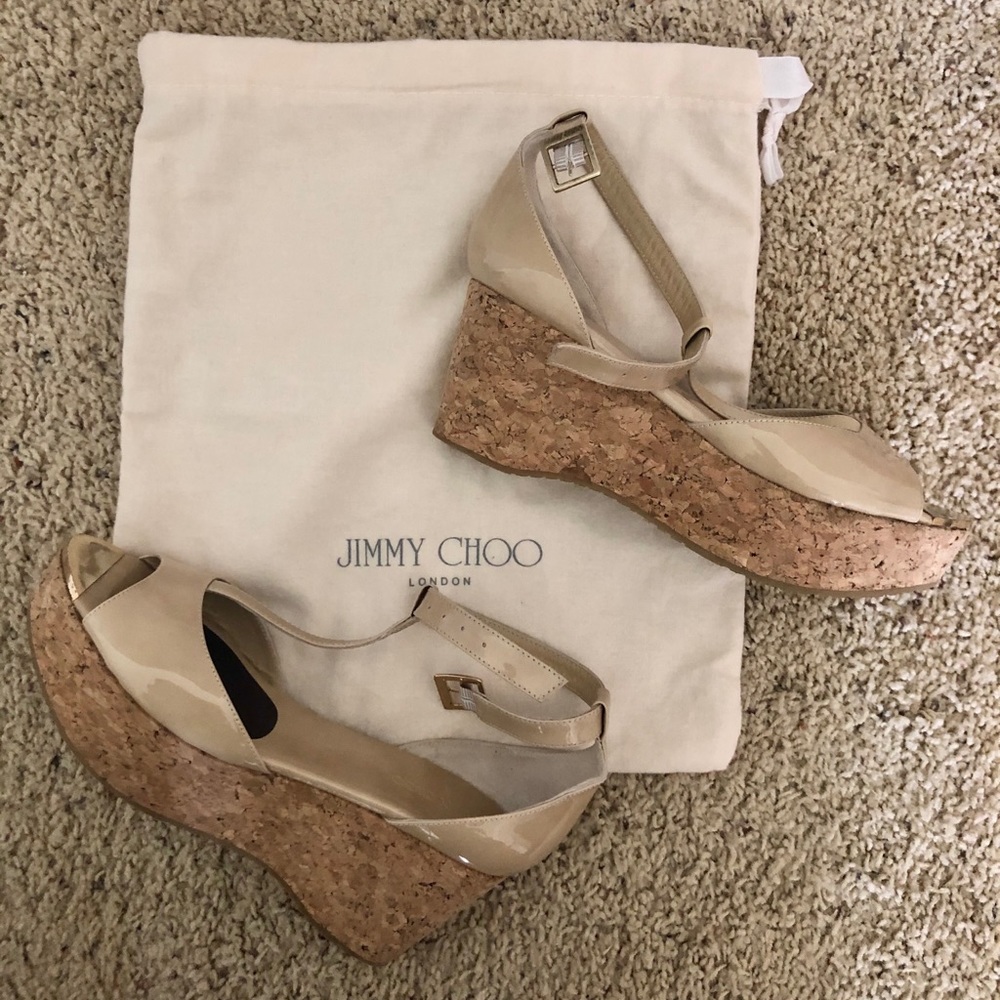 Jimmy Choo Nude Patent Leather Wedge Sandals